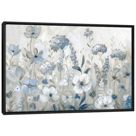 an abstract floral painting on canvas with blue and white flowers in the foreground,