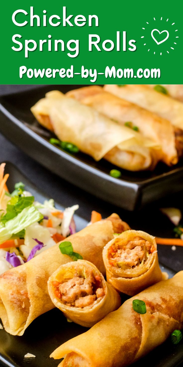 chicken spring rolls on a plate with cole slaw