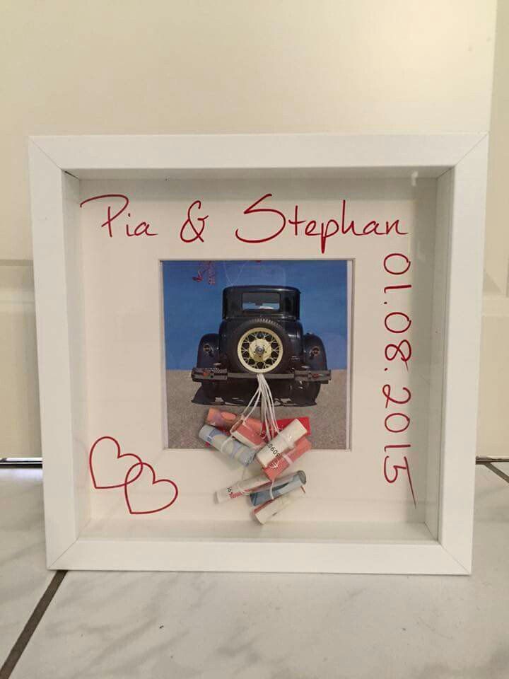 a white frame with a black car and red hearts on the front that says pa & staphan