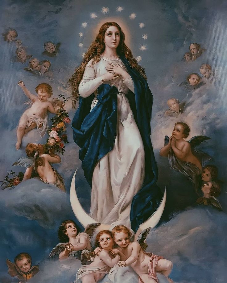 an image of the immaculate mary with angels