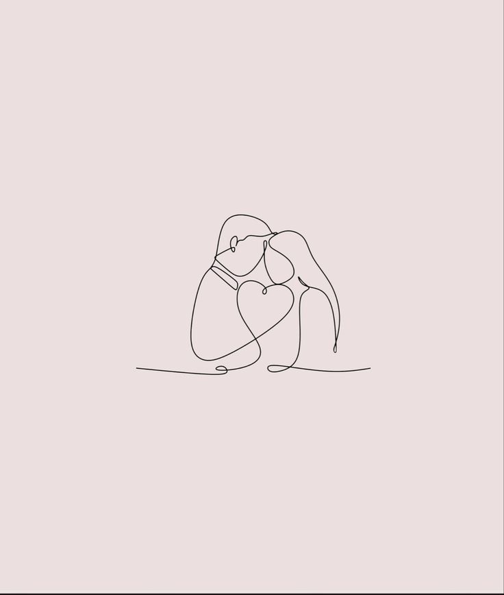 one line drawing of two people hugging each other on a light pink background with the words love written below it