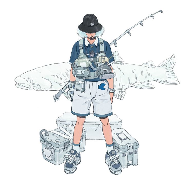 a drawing of a man standing next to a fish and fishing rod on a white background