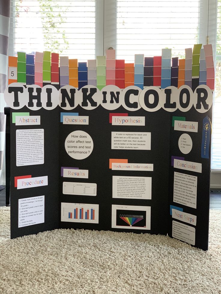 a bulletin board that says think in color on the front and back with information about it