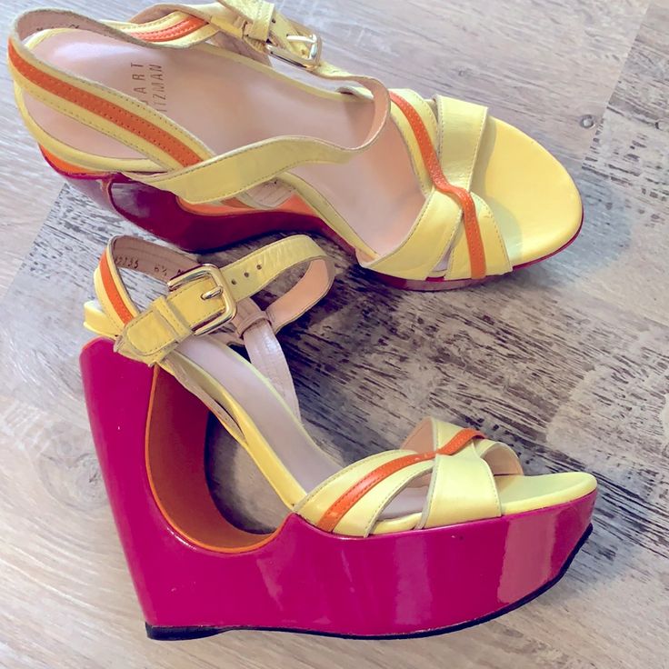 Stuart Weitzman Wedges. Sz 6 1/2 Multicolor. I Wore It Once. Unfortunately 1/2 Too Small For Me. Made In Spain Yellow Heels With Contrasting Heel Counter, Yellow Round Toe Heels With Heel Strap, Yellow Heels With Heel Strap And Round Toe, Designer Yellow Open Heel Heels, Yellow Wedge Heels With Heel Strap, Designer Yellow Heels For Summer, Designer Yellow Summer Heels, Yellow Platform Heels With Round Toe, Chic Yellow Patent Leather Heels