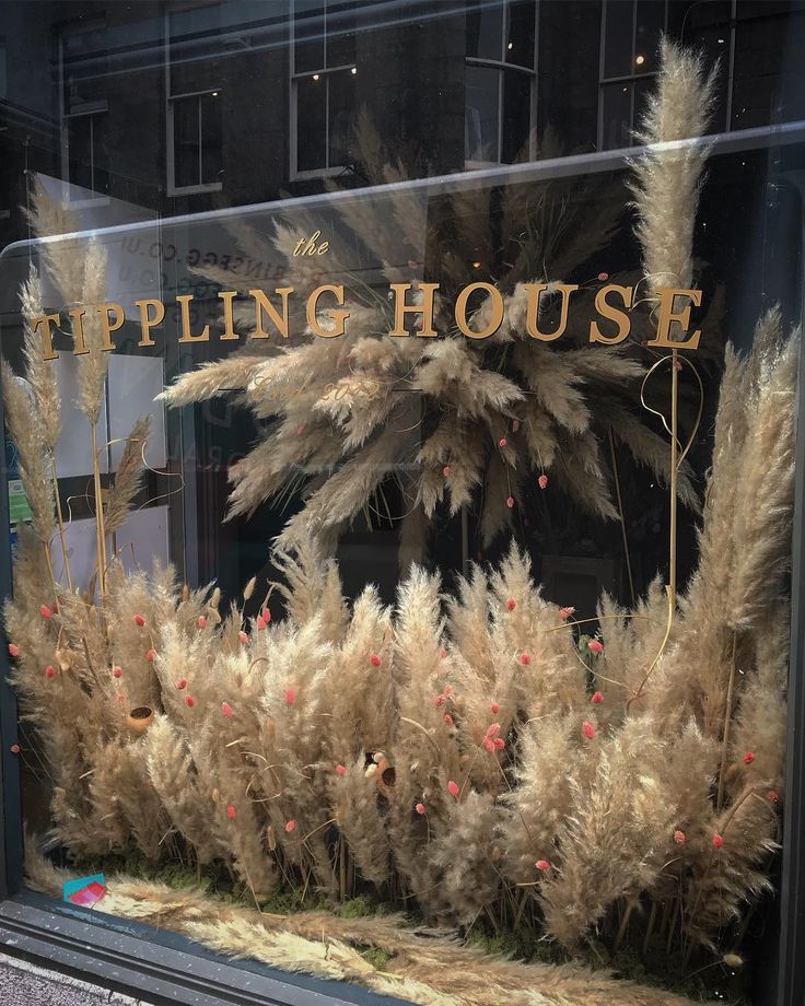 a display case with flowers and plants in front of the store window that says tipping house