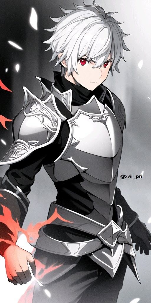 an anime character with white hair and red eyes, wearing black and silver armor while standing in the snow