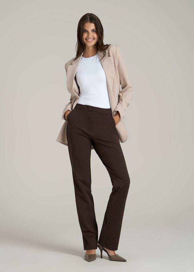 About Our Slacks for Tall Women The search for extra-long women's dress pants is over. Whether you're meeting clients to close a deal or walking into a big job interview, you need an outfit that's going to make you look good and feel confident. Finding options when you're vertically blessed can be tough, which is why we designed this pair of slacks for tall women between 5'9” and 6'6”. They have an extra-long inseam with a turn-up hem, a slim straight fit that will flatter your long legs and a h Pants For Tall Women, Scrubs Dress, Women's Dress Pants, Straight Leg Dress Pants, Cozy Sleepwear, Summer Lookbook, Long Sleeve Tee Shirts, Tall Women, Womens Dress Pants