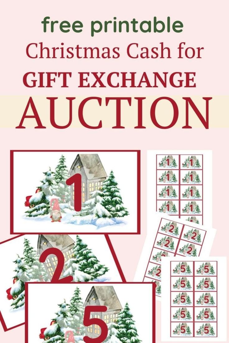 the christmas cash for gift exchange auction is shown in red and white with three pictures