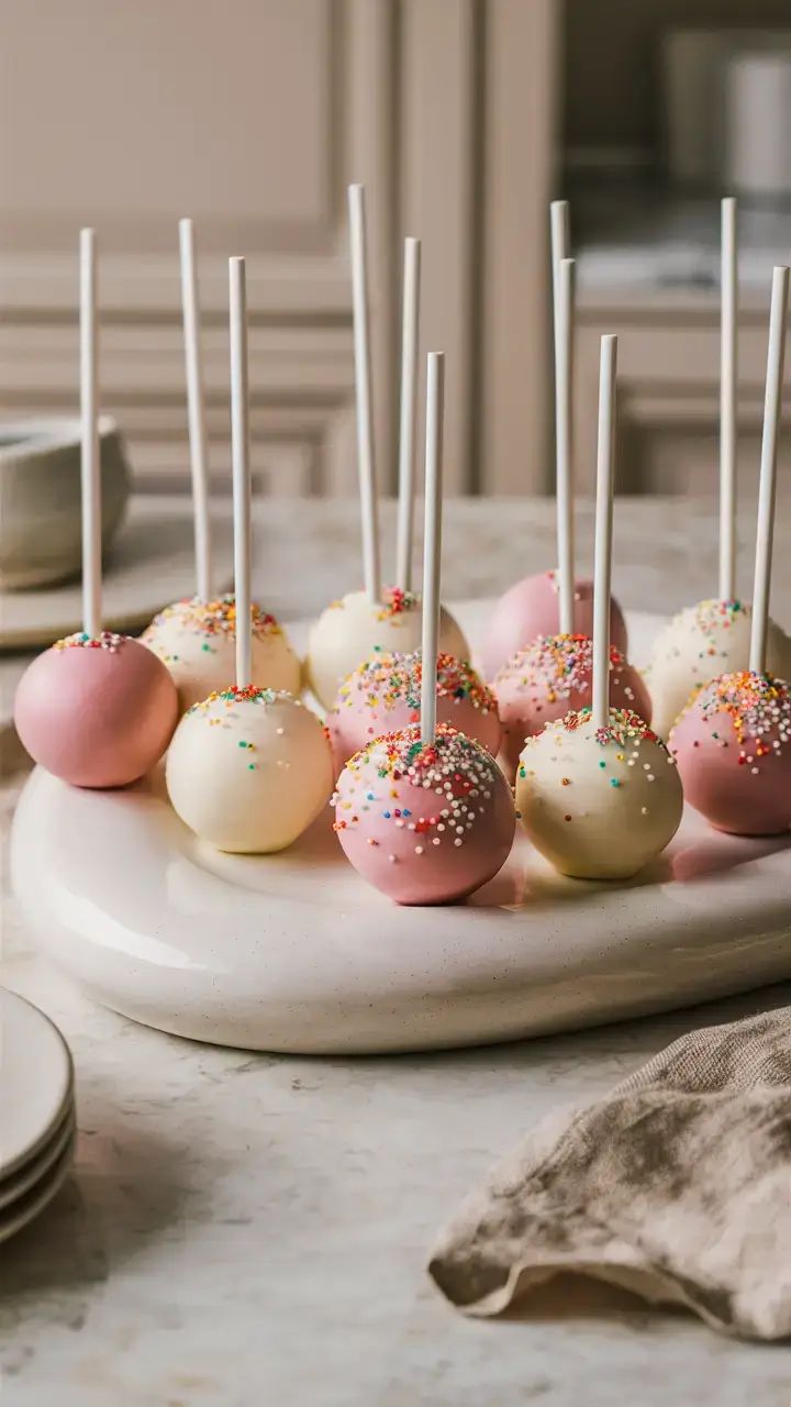 cake pops with sprinkles are arranged on a plate