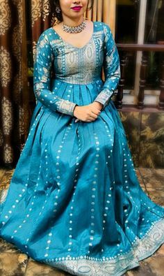 Gown Designs In Saree, Silk One Piece Dress Indian, Anarkali Dress Pattern From Silk Saree, Silk Saree Gown Designs Indian, Saree Gown Designs Indian, Banaras Gowns Indian, Gowns Dresses Indian From Saree, Long Kurti Designs From Old Saree, Benarasi Long Frocks