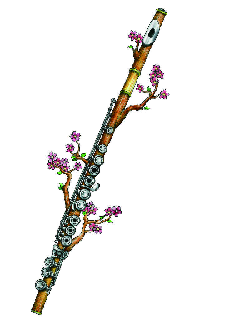 an artistic drawing of a flute with flowers on the tree branch in front of it