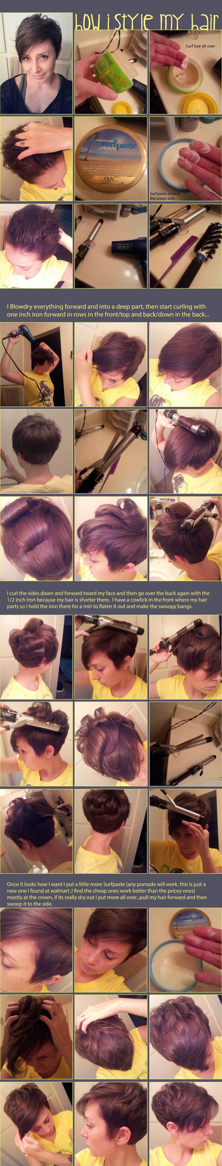 Pixie cut, My everyday hair 10.2013 How To Curl Long Pixie Hair, Styling A Long Pixie Hair Tutorials, Style Short Pixie How To, Styling Pixies How To, Pixie Cut Styling Tutorial, Kort Bob, Pixie Styles, Sassy Hair, Cute Hairstyles For Short Hair