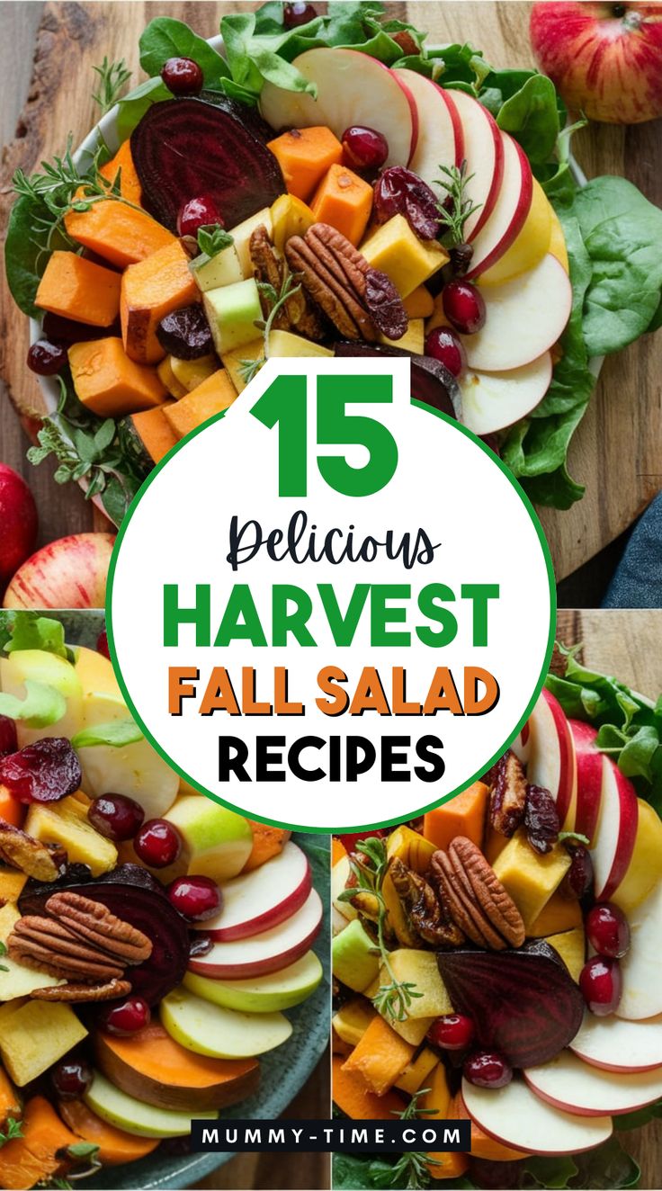 several pictures of different fruits and vegetables with the words 15 delicious harvest fall salad recipes