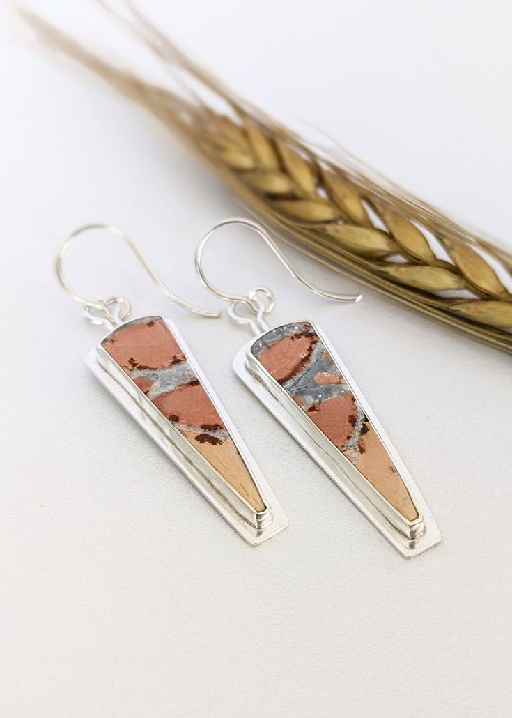 Handcrafted Bezel Set Coral Color Stone Earrings| Sleek & Chic Silver Jewelry Color Stone Earrings, Sleek Chic, Maligano Jasper, Jasper Earrings, Artisan Earrings, Color Stone, Coral Color, Earring Backs, Stone Earrings