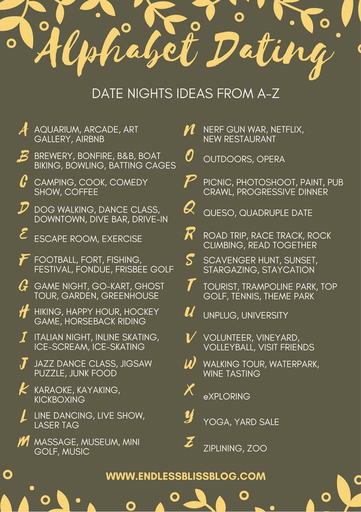 Date Ideas For Boyfriend, Alphabet Dating, Creative Date Night Ideas, Romantic Date Night Ideas, Creative Dates, Couple Activities, Cute Date Ideas, Date Night Ideas, Date Ideas