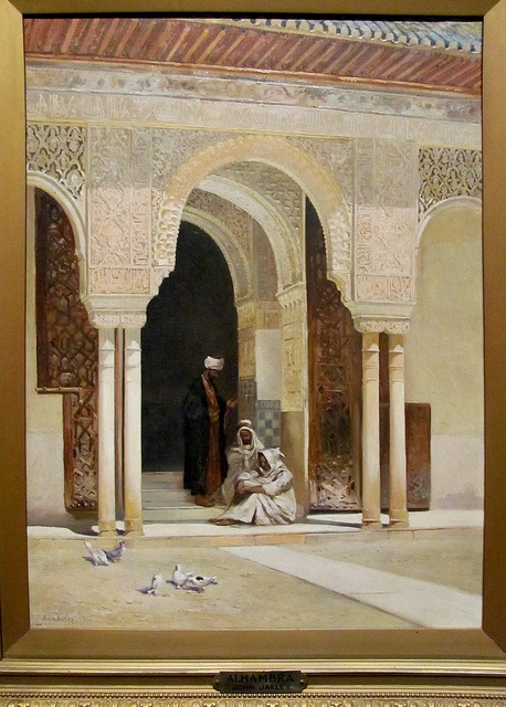 an oil painting of two people in a courtyard