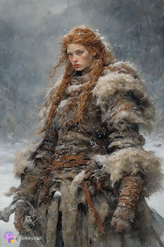 a painting of a woman with red hair sitting in the snow wearing a fur coat