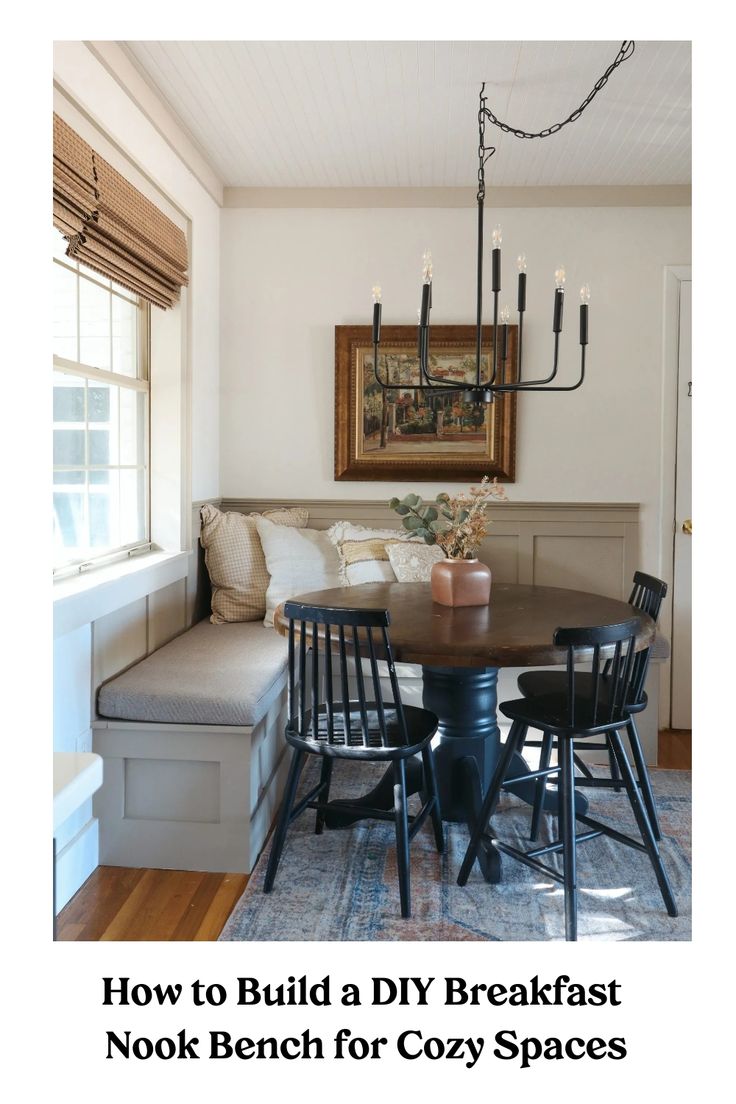 Breakfast nook with a DIY bench, round table, black chairs, and a chandelier. Diy Breakfast Nook Bench, Diy Breakfast Nook, Breakfast Nook Bench, Nook Dining, Nook Bench, Diy Breakfast, Kitchen Breakfast Nooks, Cozy Breakfast, Cozy Breakfast Nook