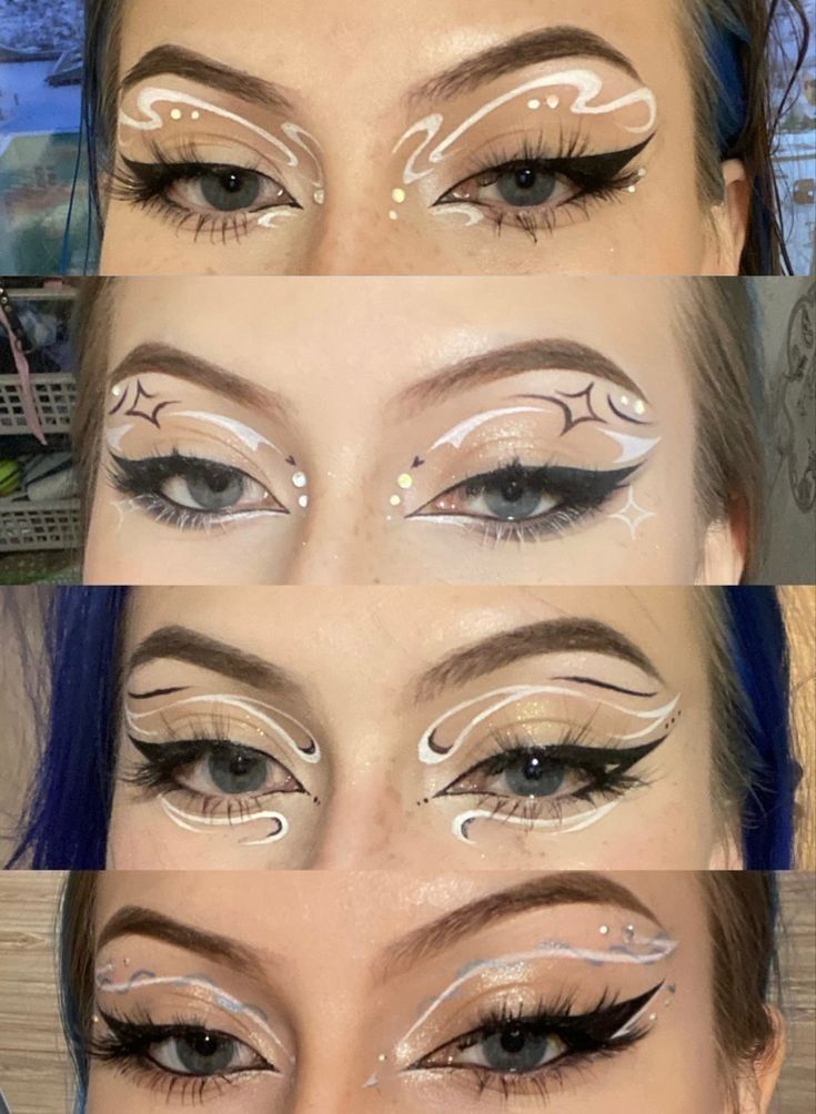 Raiders Makeup Ideas, Rave Graphic Liner, Rave Outfits Lost Lands, Graphic Eye Shadow, Space Rave Makeup, Rave Eyeliner Looks, Rauw Alejandro Makeup Ideas, Matching Makeup Looks For Friends, Graphic Liner With Gems