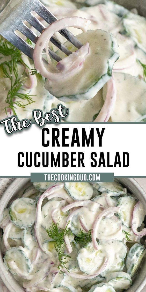 the best creamy cucumber salad is in a bowl with a fork