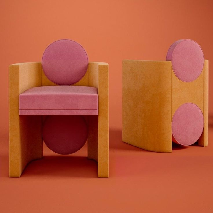 a chair and ottoman made out of cardboard with circles on the back, sitting in front of an orange background