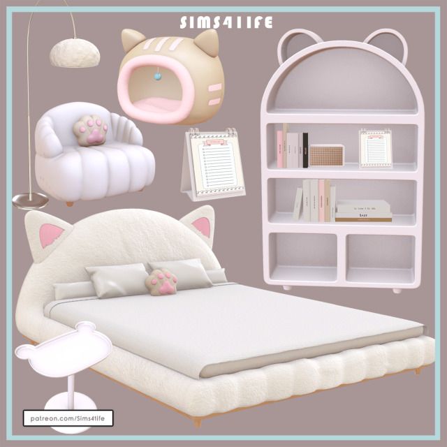 an image of a bedroom setting with furniture and items in pastel pinks, whites and neutrals