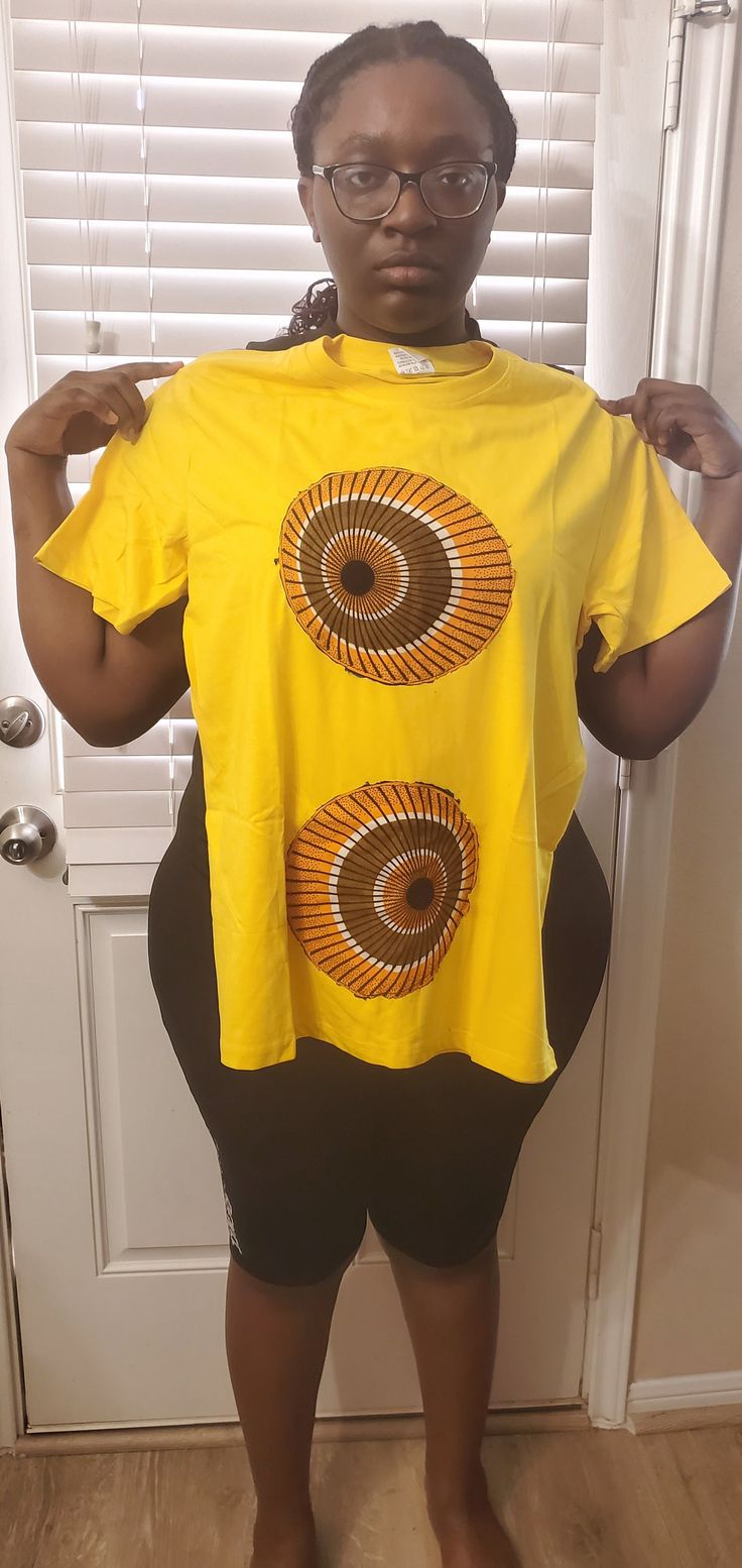 Round-neck tee with African print embelishment Printed Yellow Crew Neck Tops, Yellow Printed Graphic Tee, Yellow Graphic Print T-shirt, Katy Tx, Round Neck Tees, African Print, Ankara, Womens Clothing Tops, Round Neck