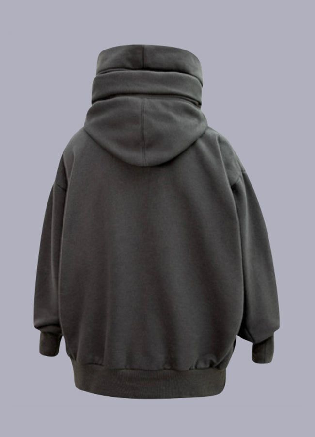 Embrace the urban samurai aesthetic with our innovative high-neck hoodie. Introducing the High Collar Hoodie – a distinct blend of contemporary aesthetics and function, elevating the modern urbanite's wardrobe. Envision yourself traversing the bustling streets of the metropolis, your silhouette defined by this remarkable piece, effortlessly aligning with the urban rhythm. This hoodie offers an artful integration of a neck gaiter and a cowl neck masterfully woven into a stunning entity. The high Gray Winter Hip Hop Outerwear, Oversized Functional Hooded Jacket For Streetwear, Techwear Gray Hoodie For Fall, Gray Techwear Hoodie For Fall, Gray Hooded Jacket With Drawstring For Streetwear, Modern Sweatshirt With Drawstring Hood For Streetwear, Fall Gray Techwear Hoodie, Functional Streetwear Sweatshirt Hoodie, Oversized Hooded Sweatshirt