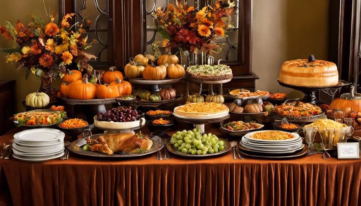 a table filled with lots of different types of food on plates and serving platters