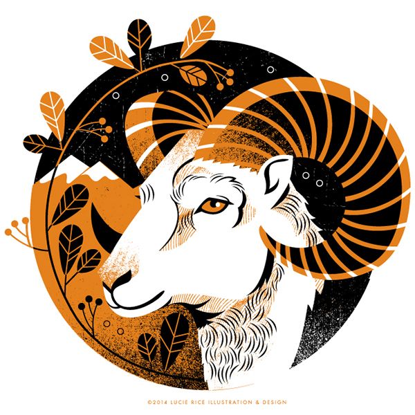 an orange and black goat with leaves on it's head in front of a circular background