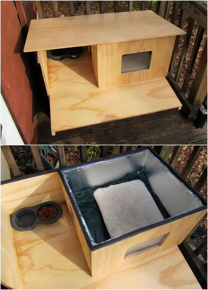 two pictures of a dog house made out of plywood