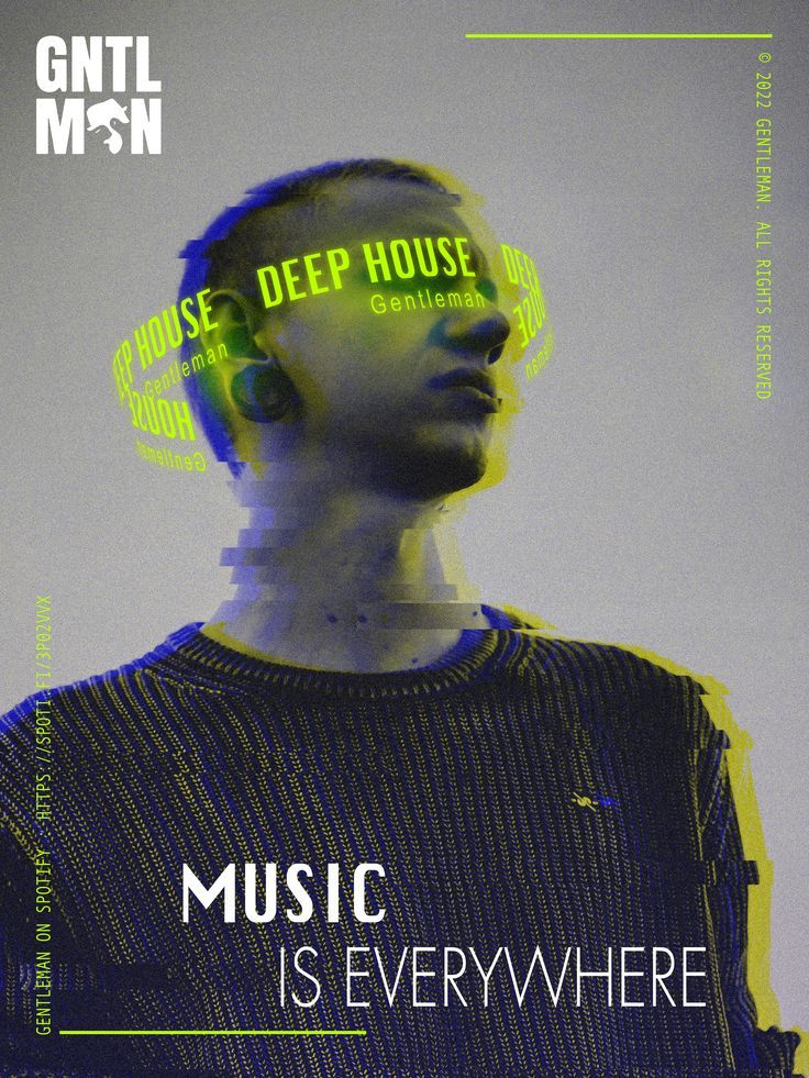 a poster with the words music is everywhere on it's face, and an image of a man wearing headphones