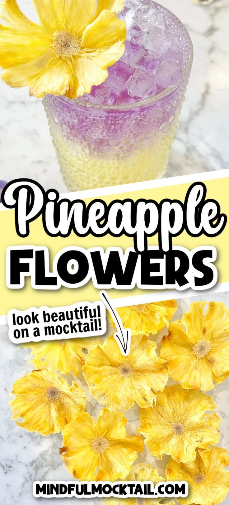 a glass filled with yellow flowers sitting on top of a marble counter next to a sign that says pineapple flowers