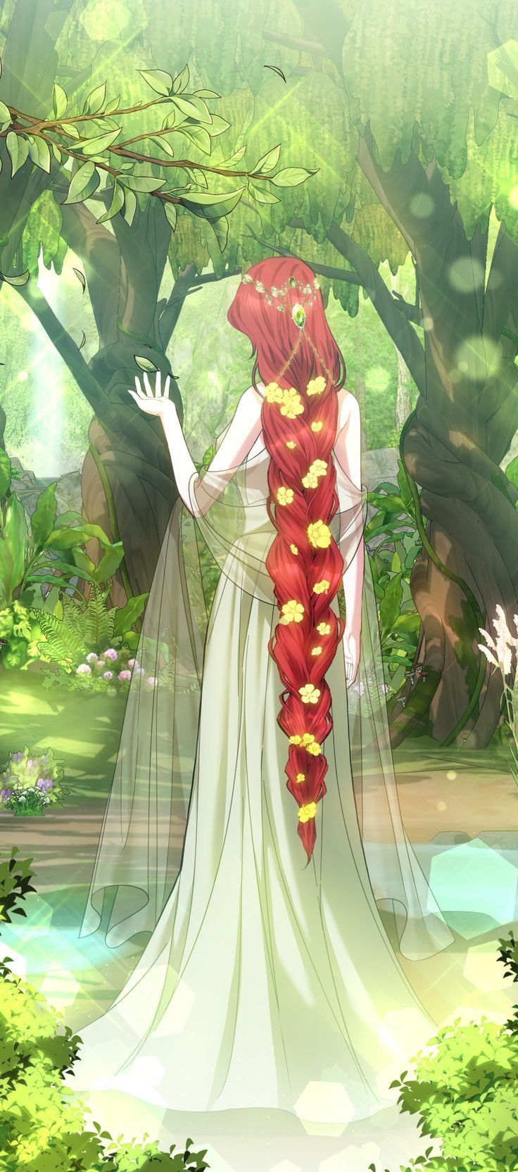 a woman with long red hair standing in front of trees and flowers wearing a white dress