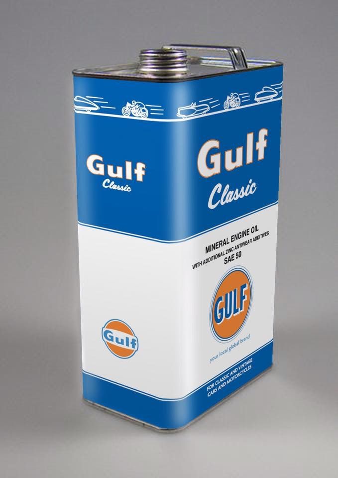 a blue and white canister with gulf classic logo on the side, sitting on a gray surface