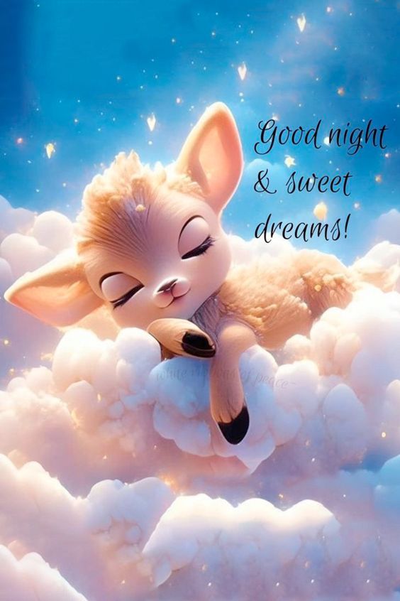 a cute little fox laying on top of clouds with the words good night and sweet dreams