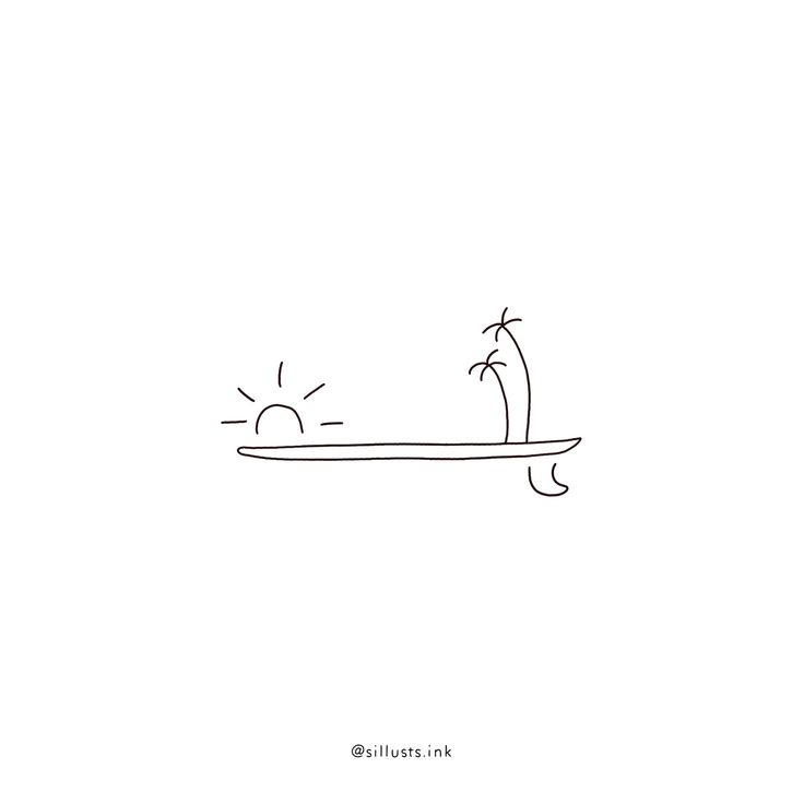 a line drawing of a surfboard with two palm trees on the beach and sun rising above it