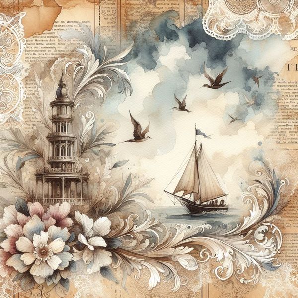 an artistic painting with birds flying over the water and a boat in the ocean near a lighthouse