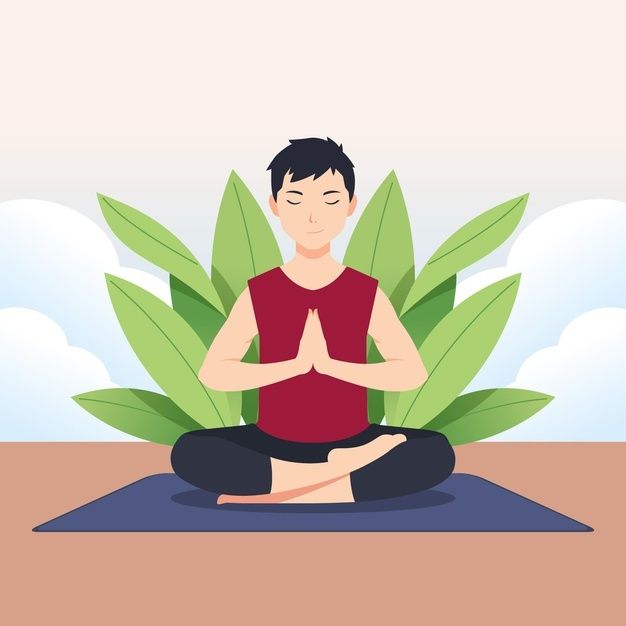 a man sitting in the middle of a yoga pose with his eyes closed and hands clasped