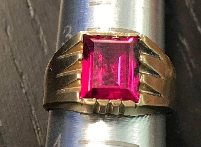 "A Mid Century 14k man made gorgeous rectangular ruby ring.  Size 3 1/2-great pinky ring.  Condition is good, it had been sized at some time in its past, any wear is minor and commensurate with age-images show details..  The color is rich looking, center stone approx. 12mm by 6.5mm.  Ring is approx 1/3\" north to south on the finger. The ring is a clean design small with much presence when worn." Formal Pink Rectangular Ring, Vintage Emerald Cut Ruby Rings, Vintage Ruby Rings With Emerald Cut, Formal Pink Rings With Rectangular Stone, Rectangular Ruby Ring In Gold, Rectangular Hallmarked Ruby Ring, Red Rectangular 14k Gold Ring, Classic Emerald-cut Pink Ruby Ring, Antique Red Rectangular Rings