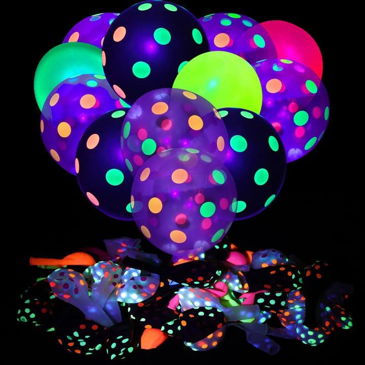 PRICES MAY VARY. ★【Polka Dot Neon Balloons】: Balloons for glowing party decorations, contains 90 black light party balloons, including: 30 black polka dot balloons, 30 transparent polka dot balloons, 30 colorful balloons, turn on your UV black light, in Make it super bright in a dark party theme for a stunning visual effect. ★【Balloons that Glow in the Dark】: 90 party black light balloon sets are enough to decorate your birthday party, are neon in normal light, fluorescent in specific violet light, very beautiful and eye-catching, durable and reusable. The 12" neon balloon can be filled with air or helium. Helium allows latex balloons to float in the air. Balloons glowing in the dark bring good visual effects and create a romantic atmosphere. ★【New Polka Dot Balloon Set】: Unlike traditiona Neon Balloons, Glow Party Decorations, Neon Lights Party, Neon Party Decorations, Balloon Glow, Glow Party Supplies, Polka Dot Balloons, Photo Balloons, Blacklight Party