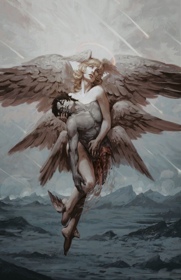 a painting of an angel hugging a demon