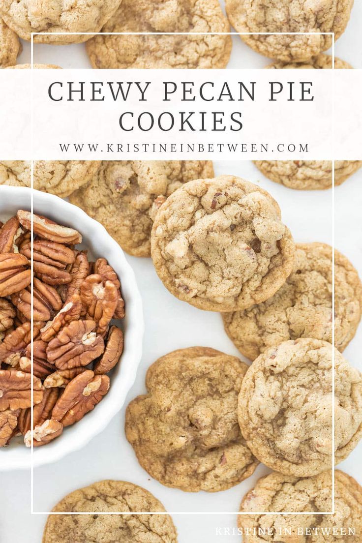 chewy pecan pie cookies in a white bowl with pecans on the side