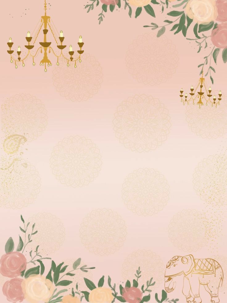 a pink background with flowers, chandeliers and an elephant on the bottom right corner