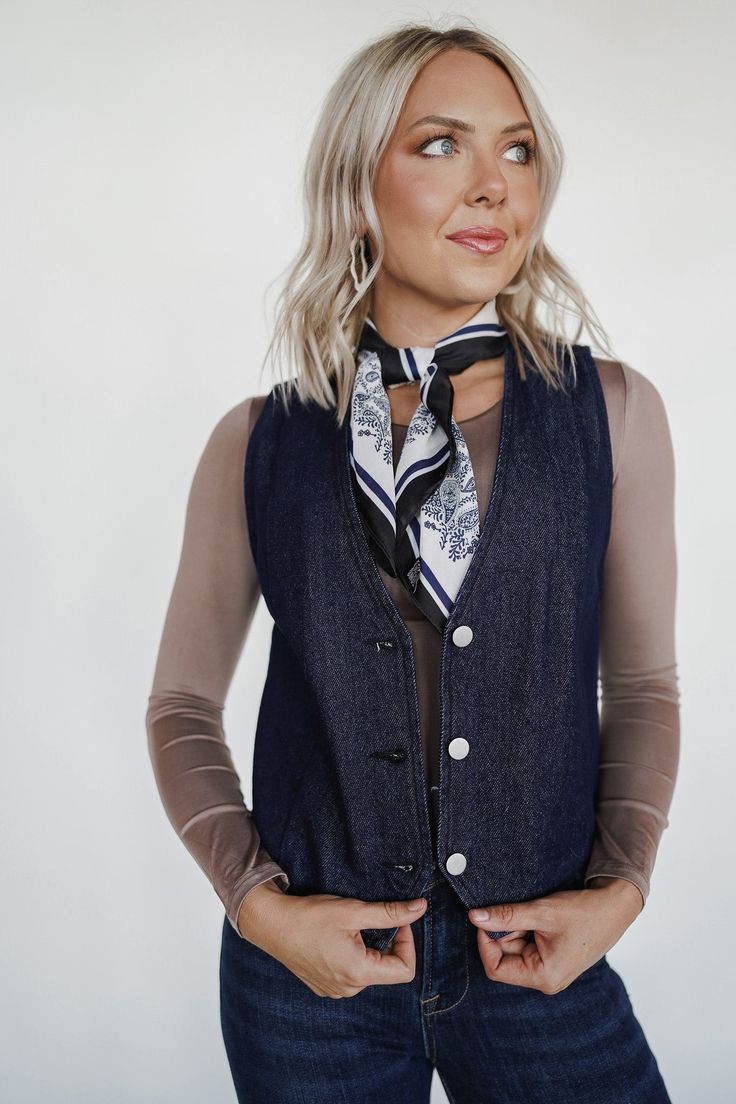 Denim vest that will be a staple layering tool in your closet this season! Natalie is wearing a size S. Fits true to size. Denim Vest Outfit, Rugged Cowboy, Cowgirl Summer, Outfit Western, Vintage Denim Vest, Short Jean Skirt, Modern Cowgirl, Vest Outfit, Cowgirl Aesthetic