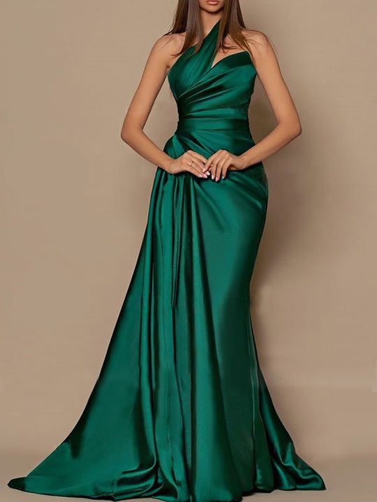 Sheath/Column One-Shoulder Sleeveless Evening Dresses With Pleats Ruch - Mondressy Prom Dress Tight, Prom Dress Trends, Sparkly Prom Dresses, Floral Prom Dresses, Dress With Pleats, Formal Wear Dresses, Floor Length Prom Dresses, Evening Dresses Cocktail, Satin Bridesmaid Dresses