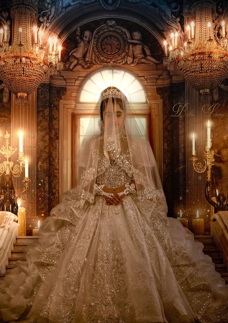 a woman in a wedding dress is standing on some stairs with candles and chandeliers