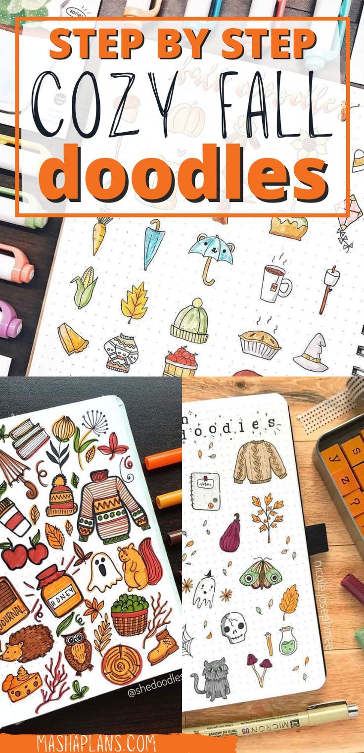 several doodles with the words, step by step cozy fall doodles on them