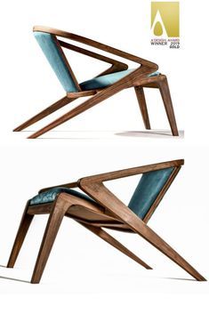 two different angles of a wooden chair with blue fabric on the seat and back side