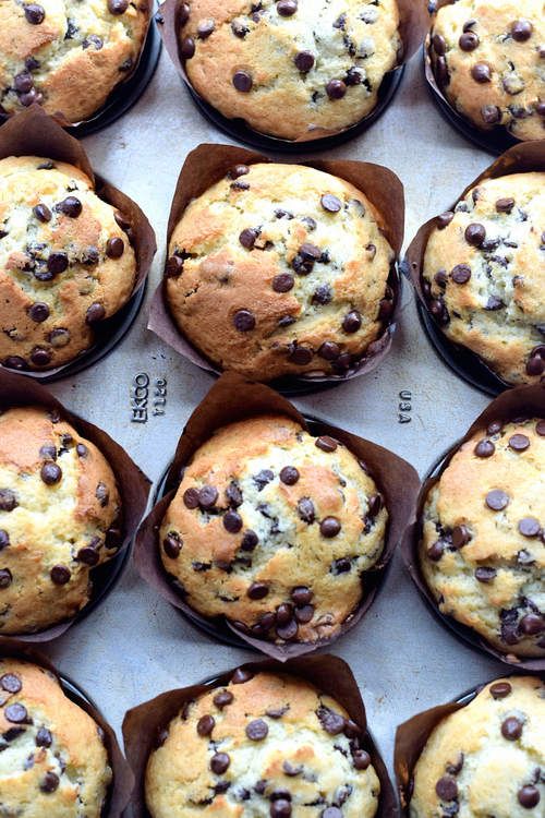 chocolate chip muffins in brown paper wrappers lined up on top of each other